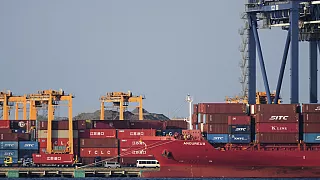 Un porte-conteneurs est amarré à un terminal de fret à Tokyo, le 9 avril 2025.